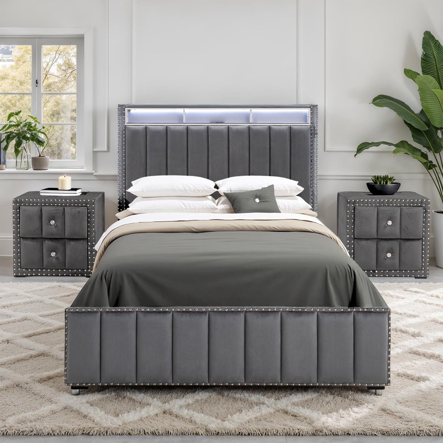 Contemporary 3pc Bedroom Set Full Size Bed 2x Nightstands Bedroom Furniture Dark Gray Fabric Upholstered Bedframe w LED Nailhead Trim