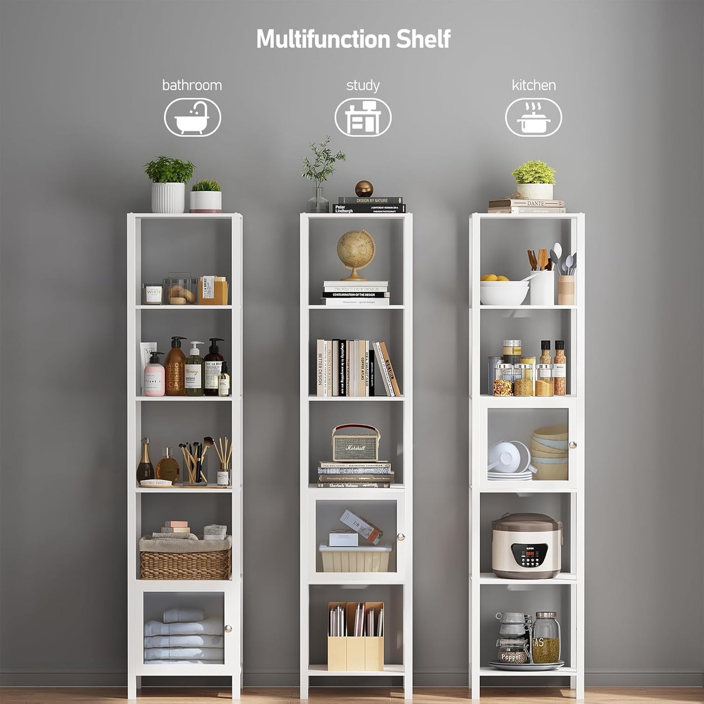 White 6-Tier Narrow Bookshelf With Door For Small Space