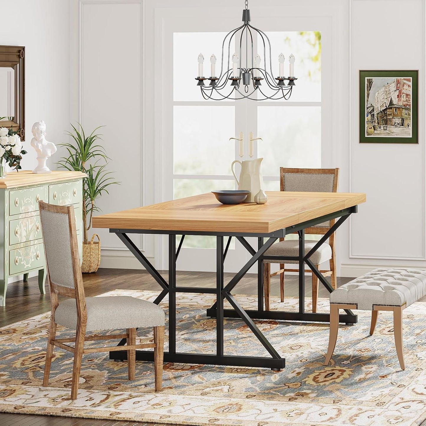 Farmhouse Dining Table 70.8 Inch Wood With Metal Legs