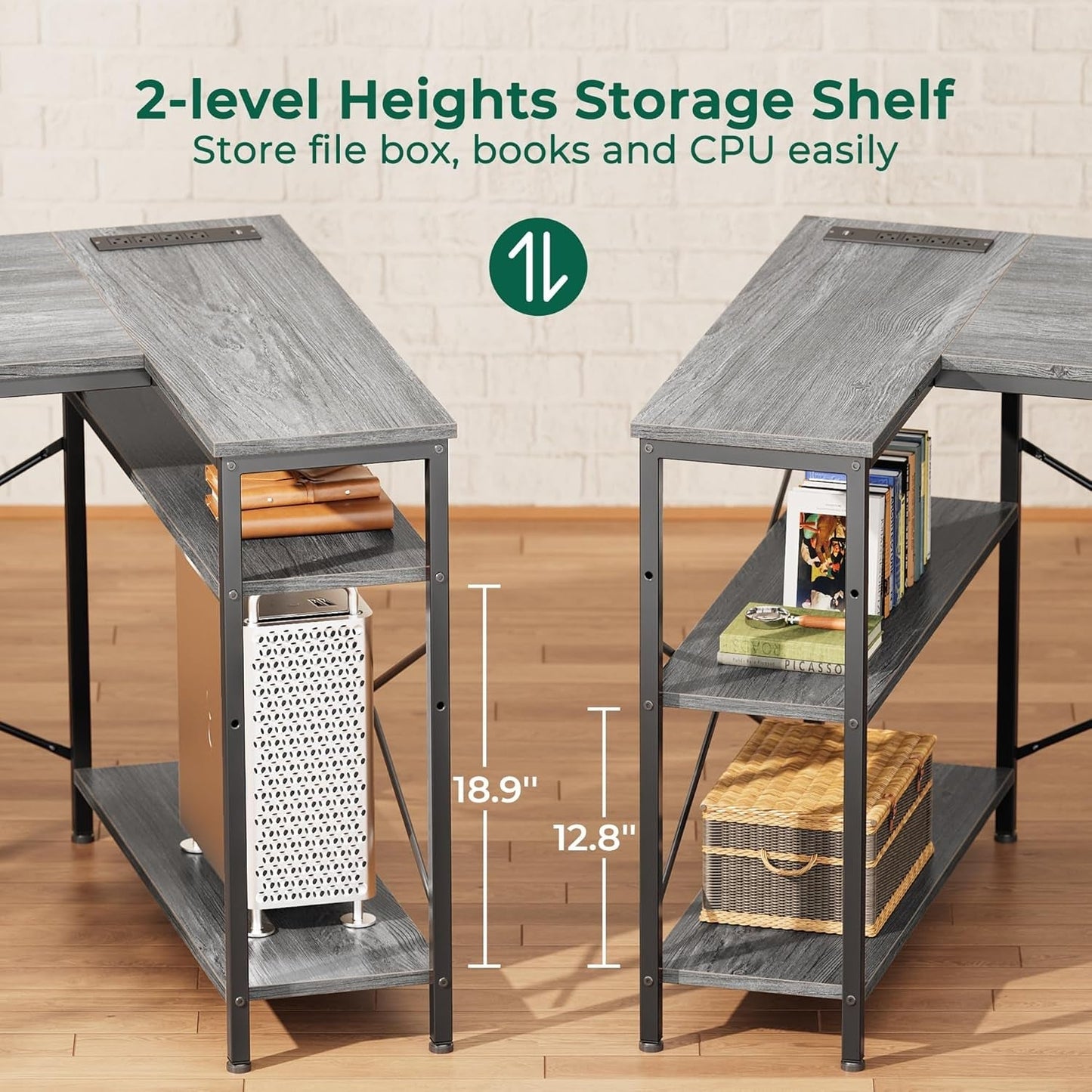 47 Inch L Shaped Desk With Power Outlets And 3 Drawers Grey