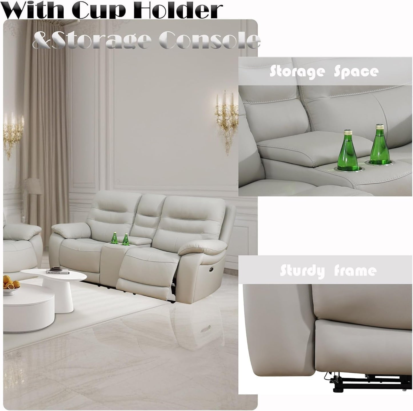 Power Reclining Leather Sofa Set With USB Port Light Grey