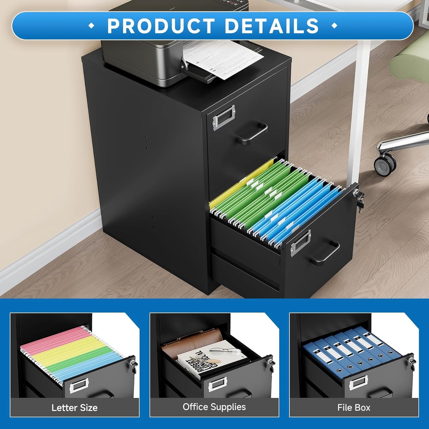 2 Drawer Locking Vertical File Cabinet For Letter Size Files Steel Office Storage