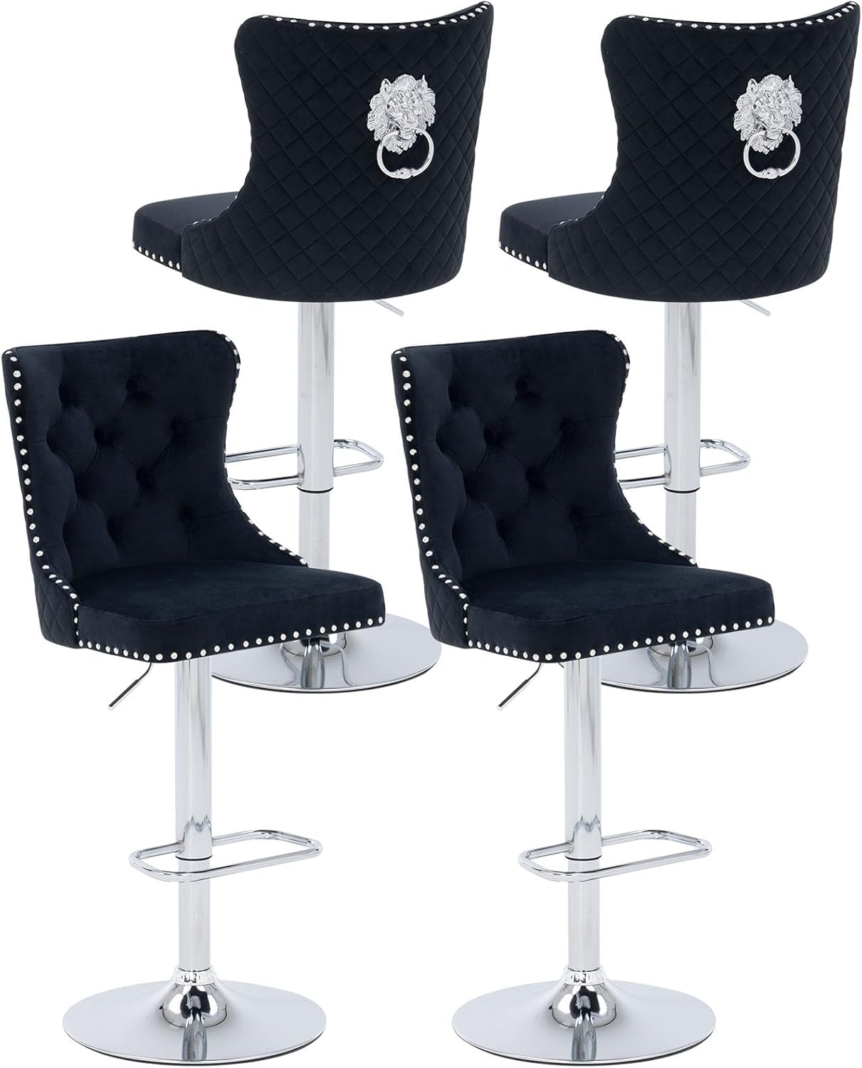 Velvet Swivel Bar Stools Adjustable Set Of 4 In Black