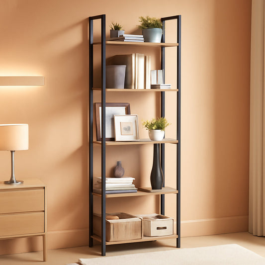 5 Tier Bookshelf Steel Frame 9.4Dx24.4Wx65H Greige Black