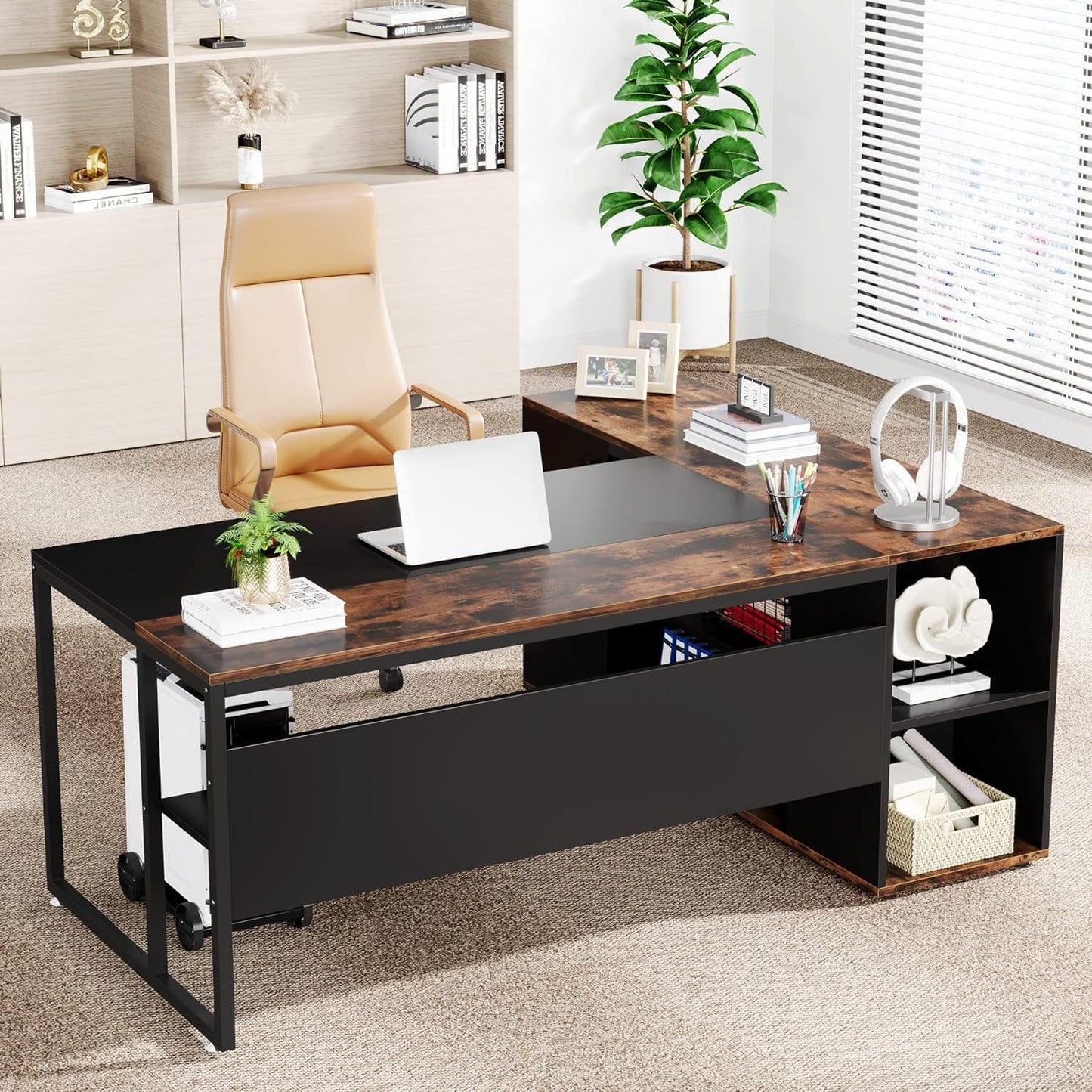 71 Inch L Shaped Executive Desk Brown And Black Office