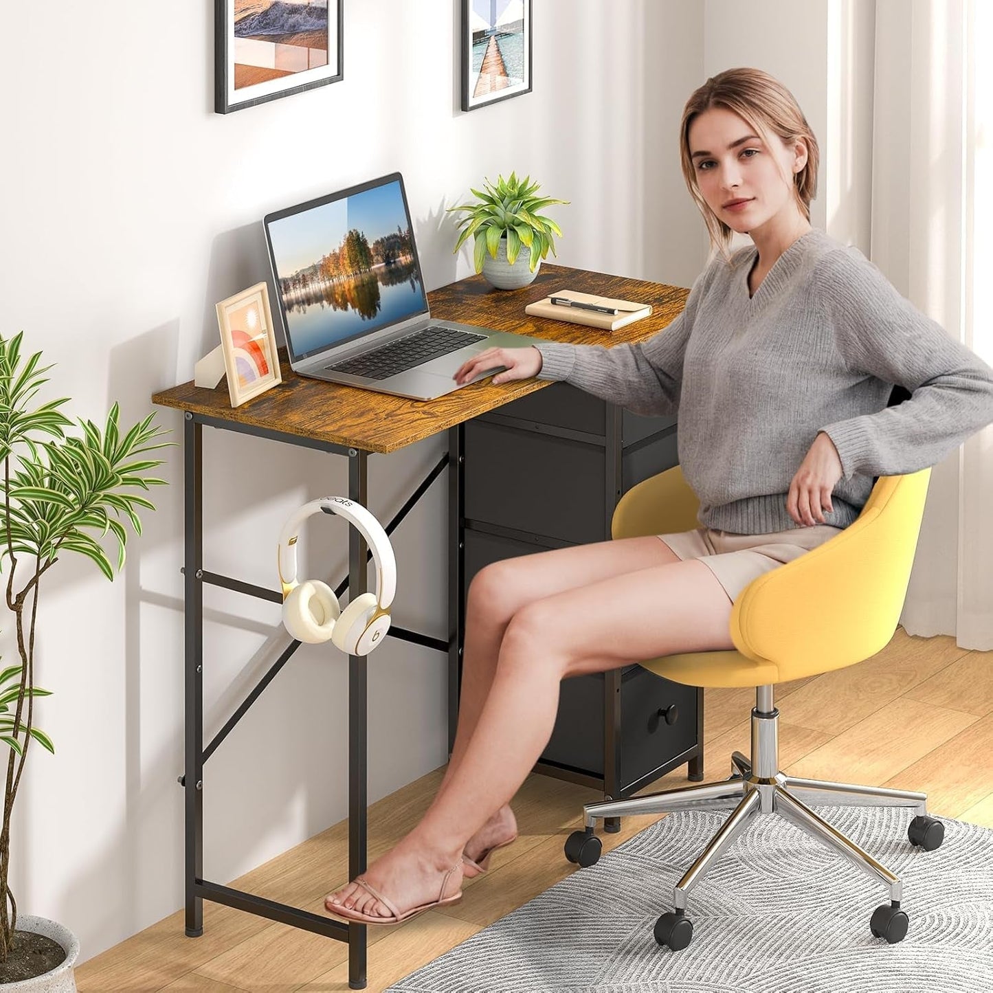 Rustic Brown Home Office Computer Desk With Fabric Drawers