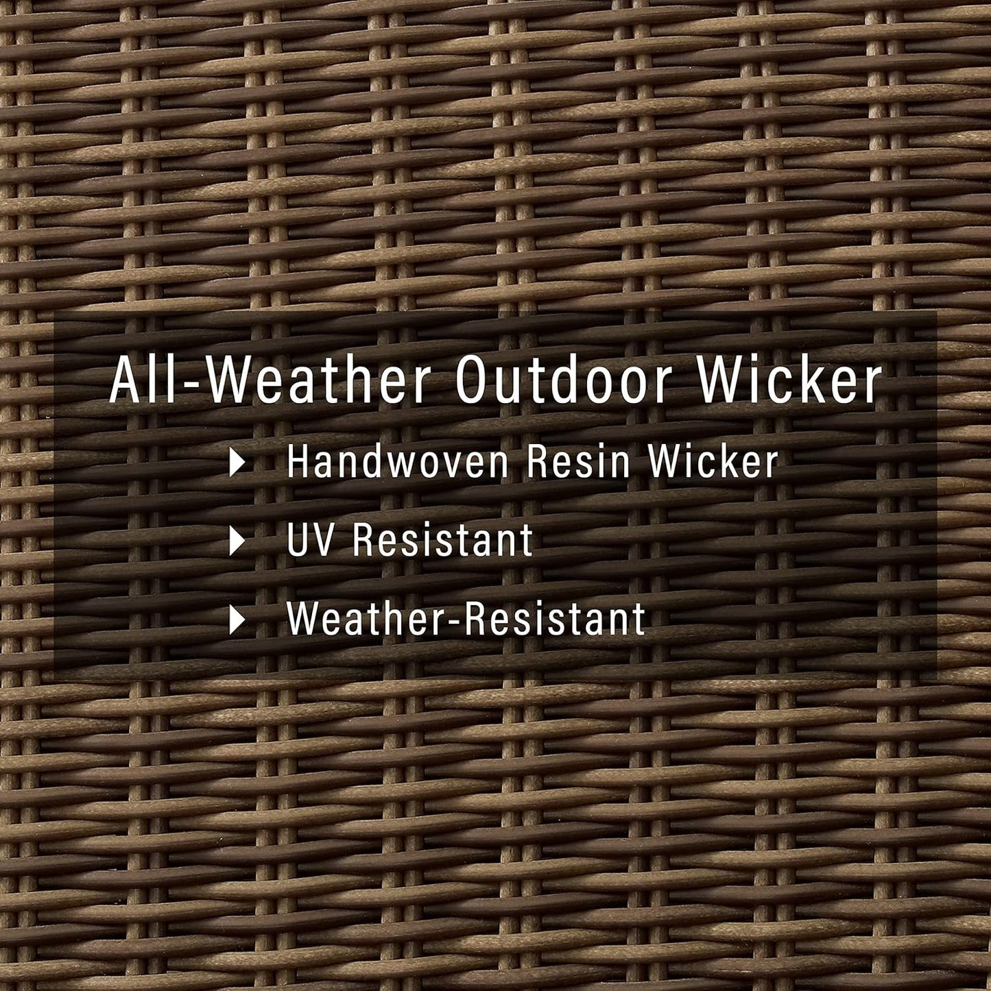 Brown Wicker Outdoor Sofa with Navy Cushions - All-weather wicker material features like handwoven resin and UV resistant properties.