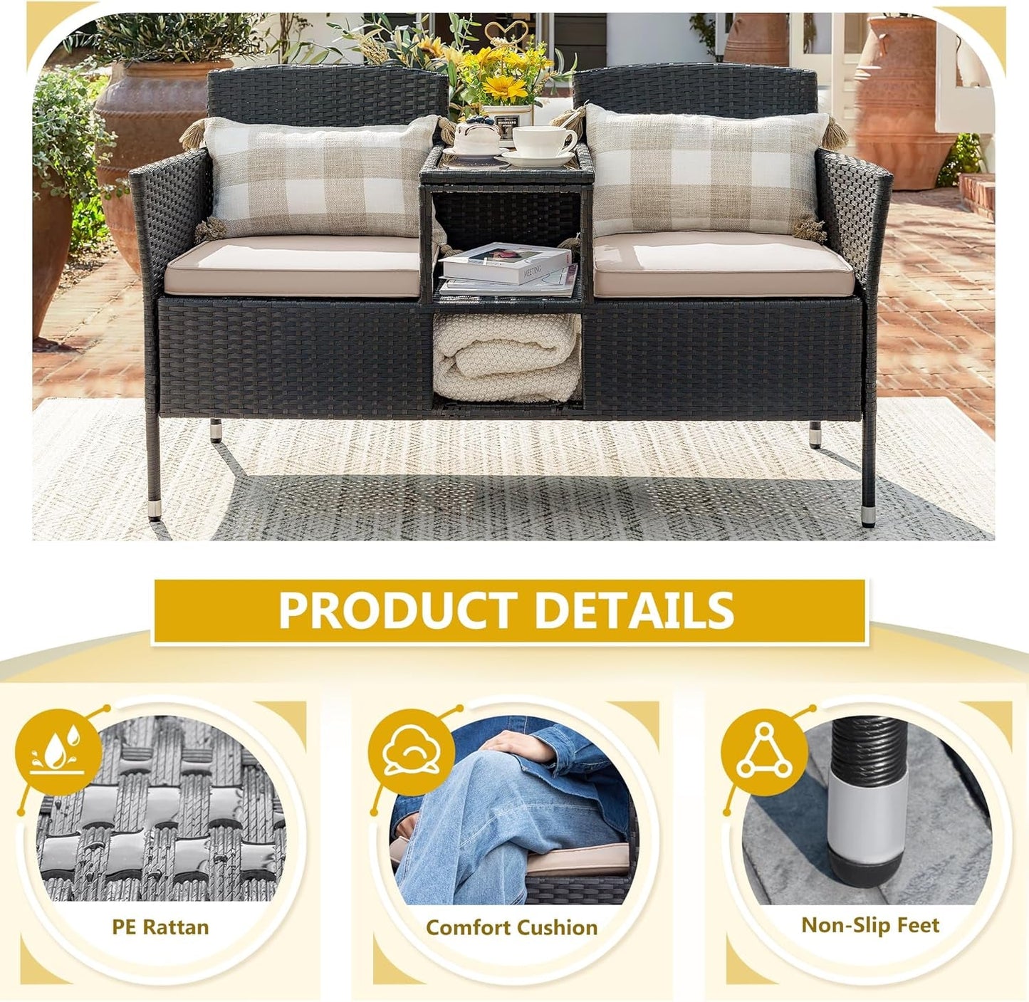 Outdoor Patio 2 Seat Loveseat Set With Built Table Beige
