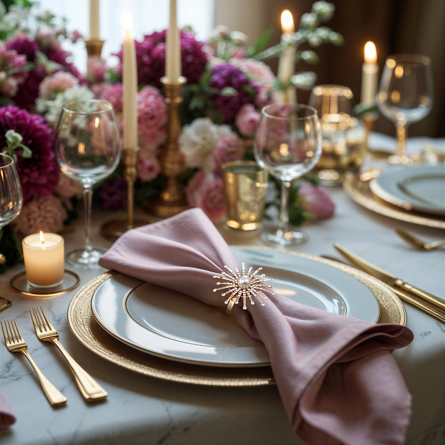Gold Floral Napkin Rings – Elegant Pearl Table Setting Rings for Dining Decor