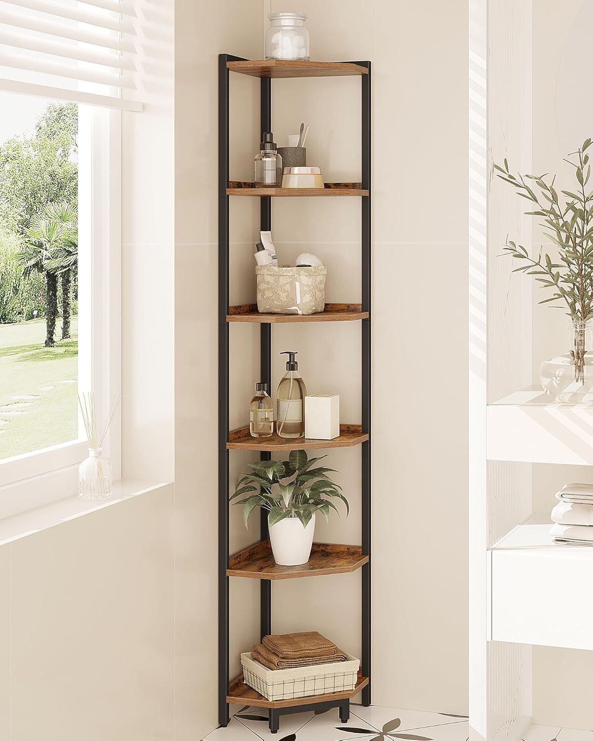 6-Tier Rustic Brown Corner Shelf Stand For Living Room