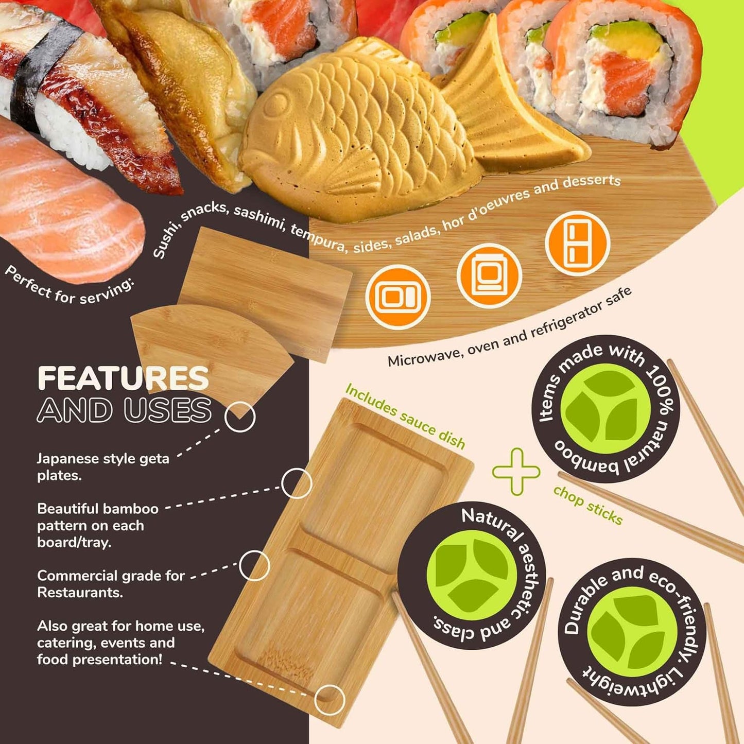 2 Sets Bamboo Sushi Plate/Tray Chopsticks and Compartment Sauce Dish