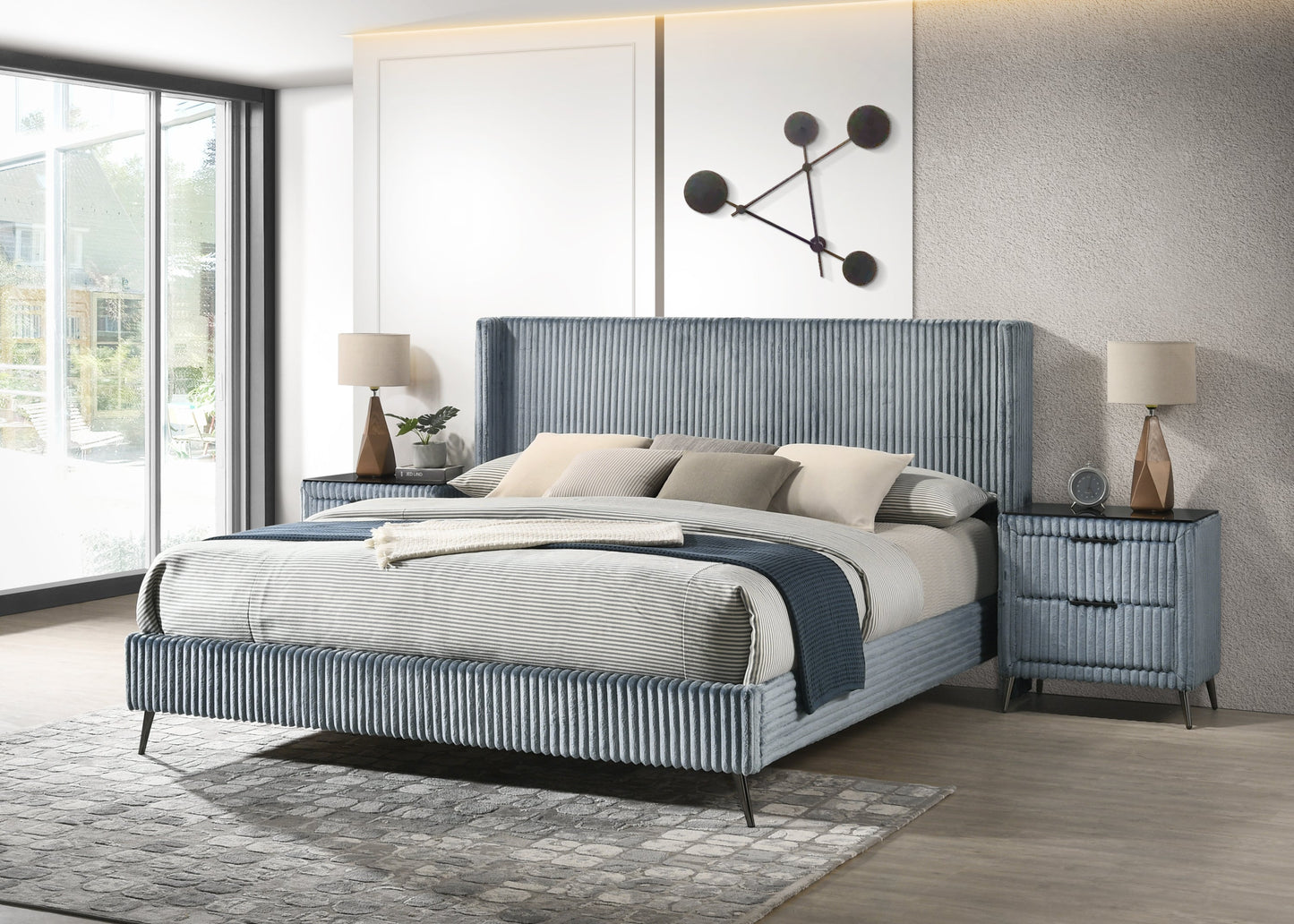 Mavela Wide Wale Corduroy Upholstery Panel King Bed with 2 Nightstands, Blue