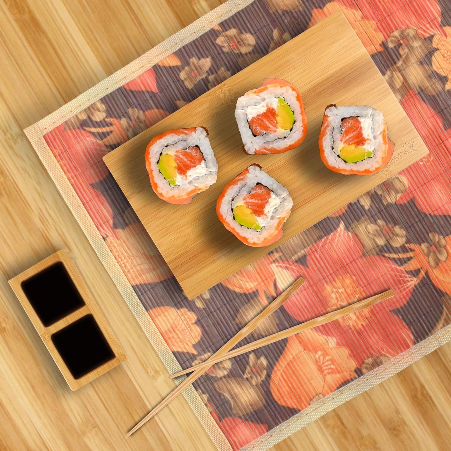 2 Sets Bamboo Sushi Plate/Tray Chopsticks and Compartment Sauce Dish