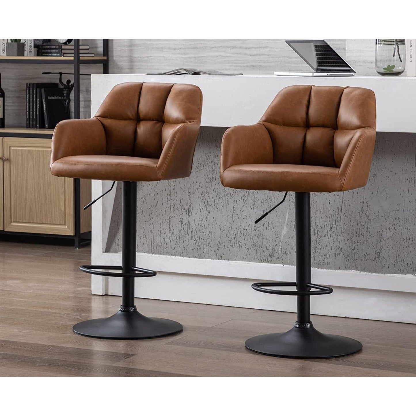 Modern Leather Swivel Bar Stool With Backrest And Armrests