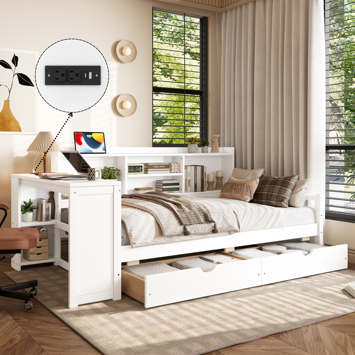Twin Size Corner Daybed with Storage Drawers & Desk