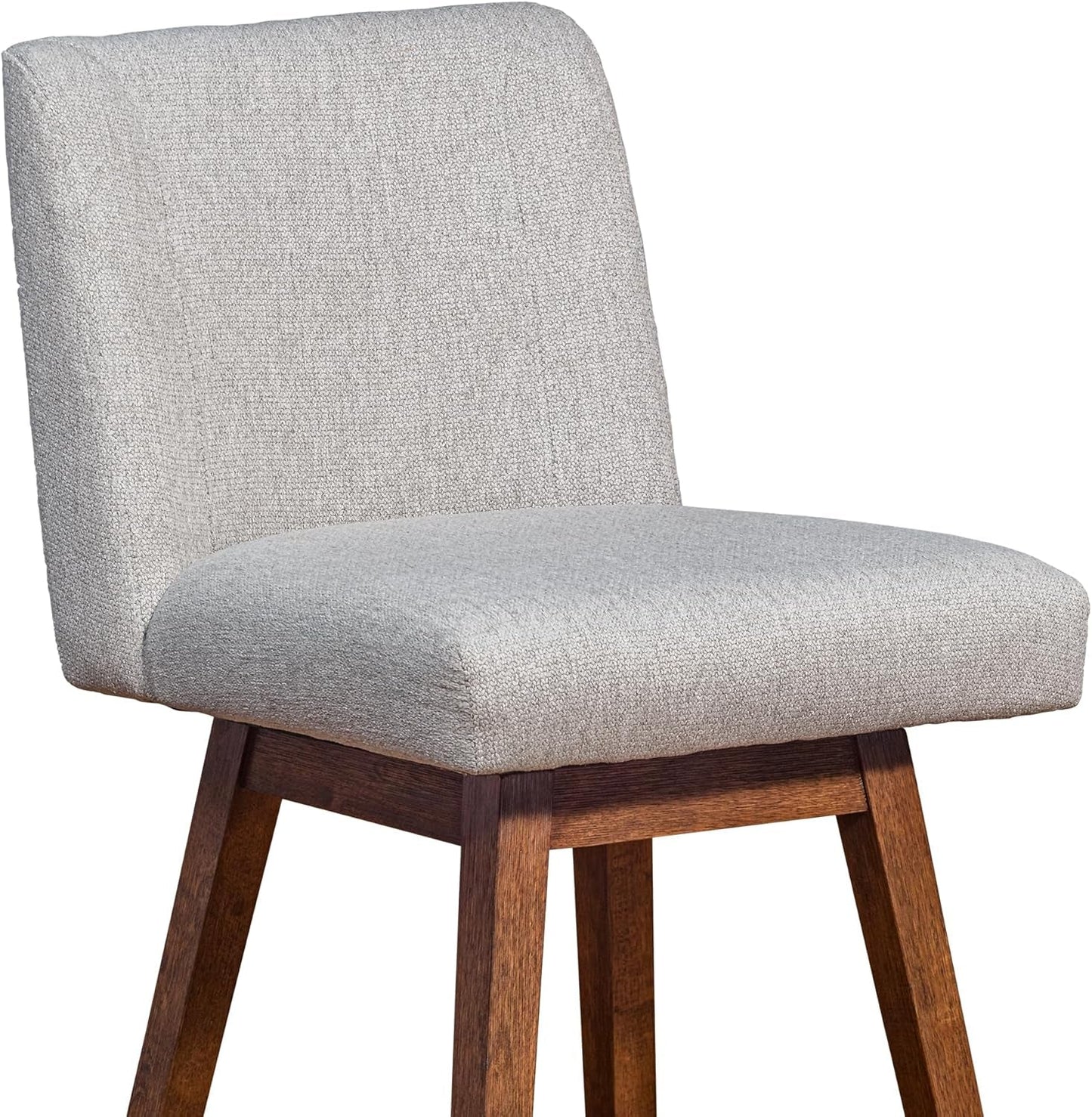 Basila 26 Inch Seat Height Swivel Bar Stool Taupe Fabric showing soft taupe upholstery and sturdy wooden legs.