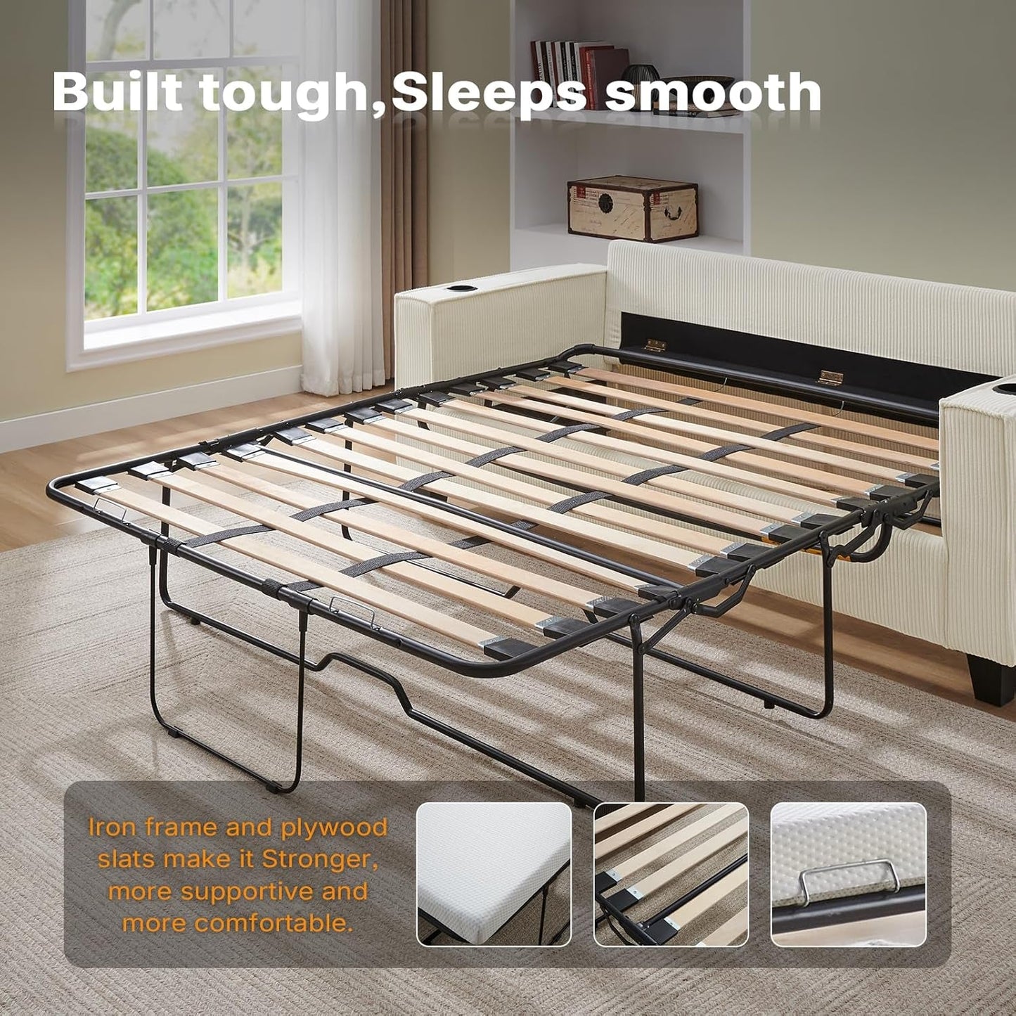 Beige 65-Inch Sleeper Sofa Bed, 2-in-1 Convertible