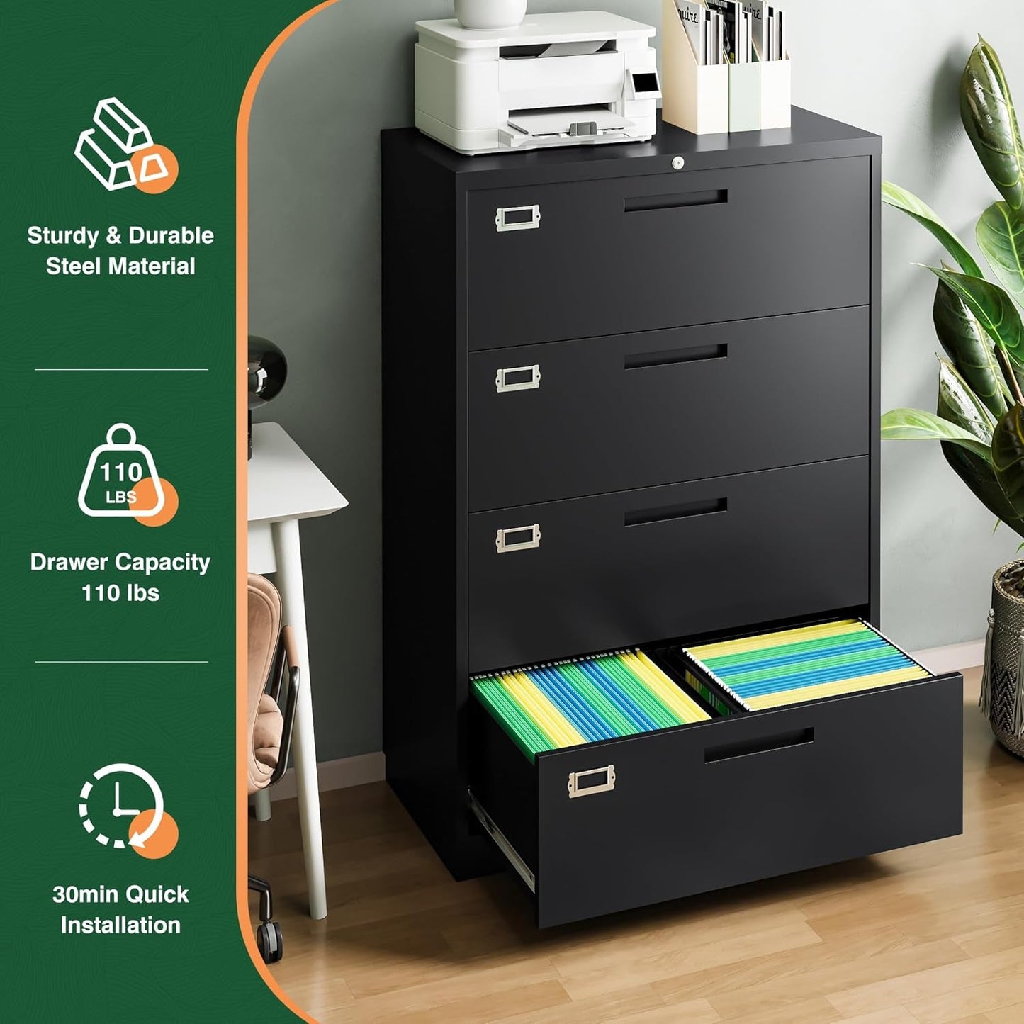 4 Drawer Metal Lateral File Cabinet With Lock For Office
