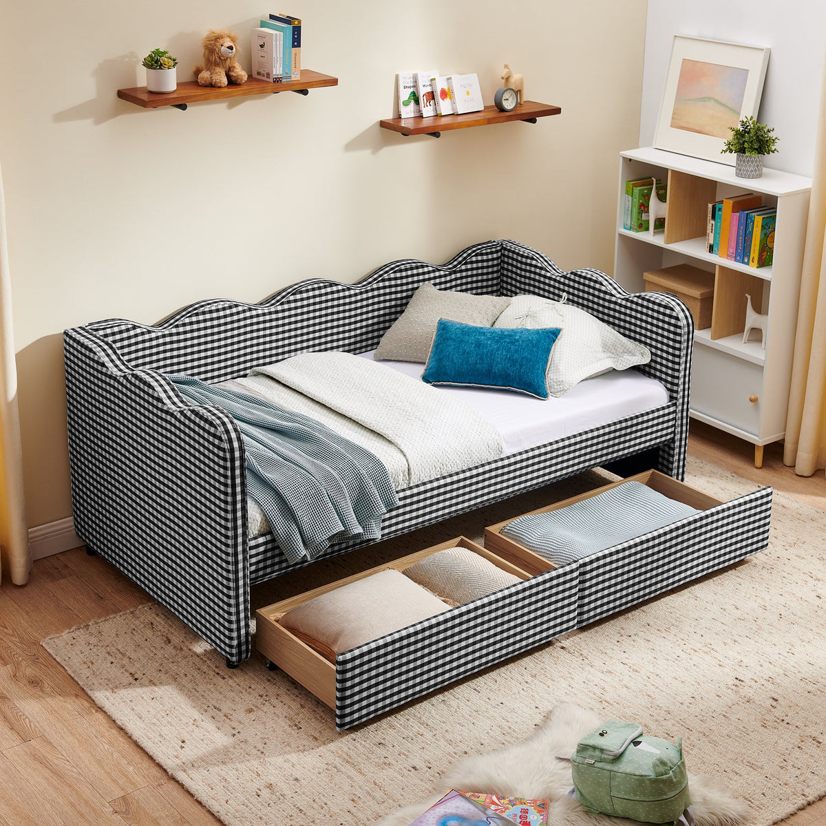 Twin Size Cozy Gingham Daybed with Two Storage Drawers