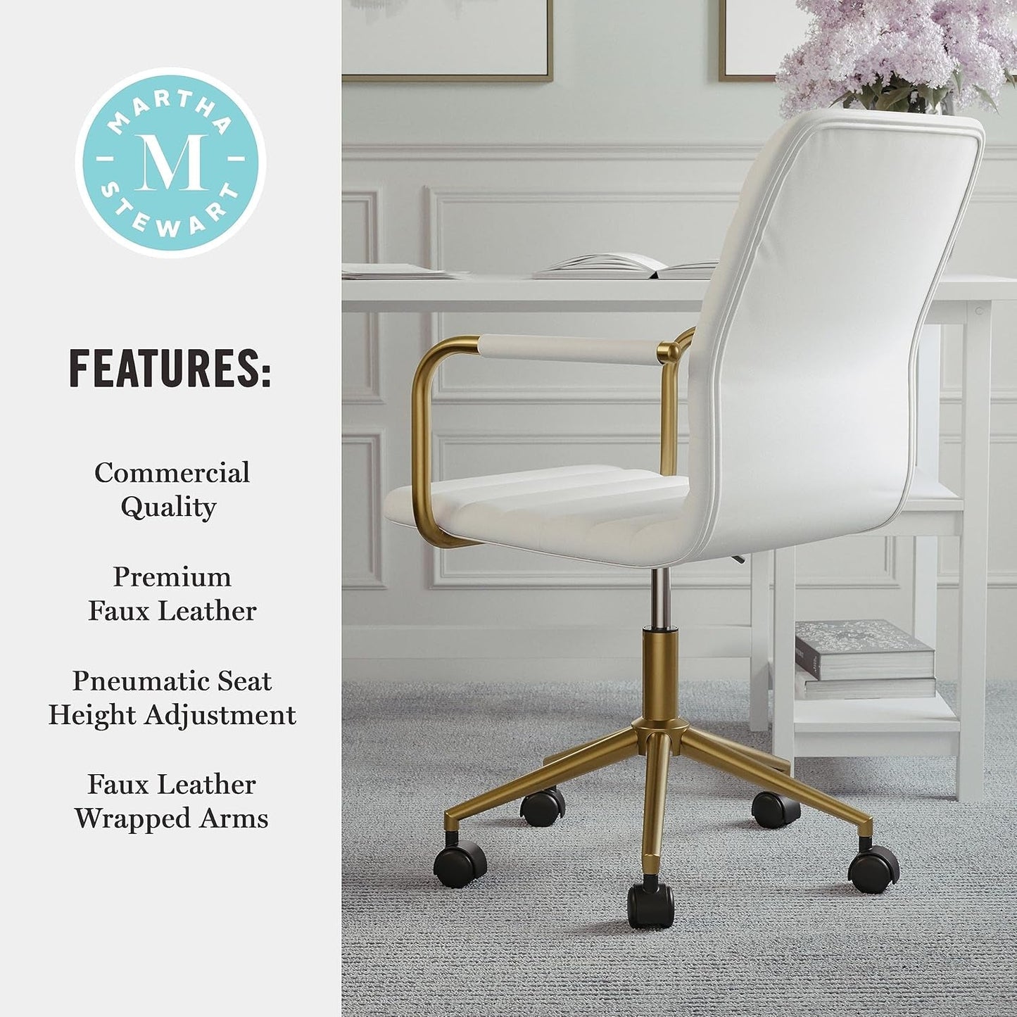Taytum Swivel Task Chair White Faux Leather Brass Frame