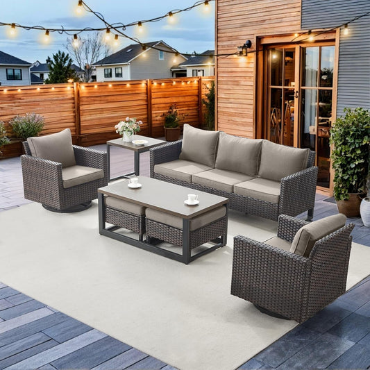 Seven Piece Outdoor Wicker Patio Furniture Set With Swivel Rockers