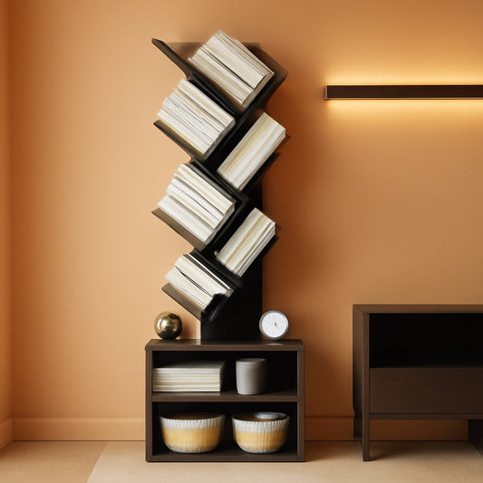 6 Tier Tree Bookshelf Black Floor Standing Storage Cabinet