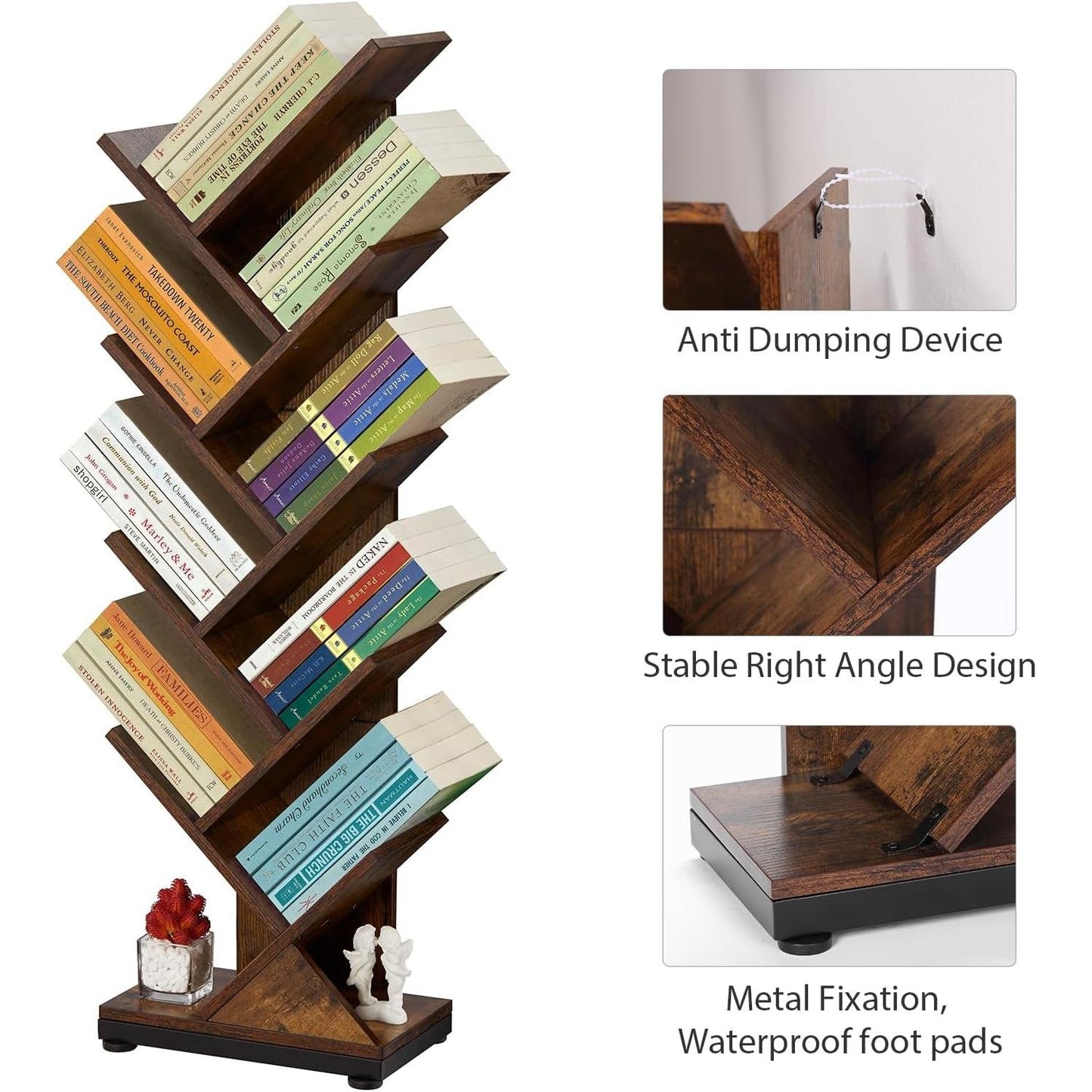 8 Tier Tree Bookshelf Floor Standing Bookcase For Books CDs Rustic Wood