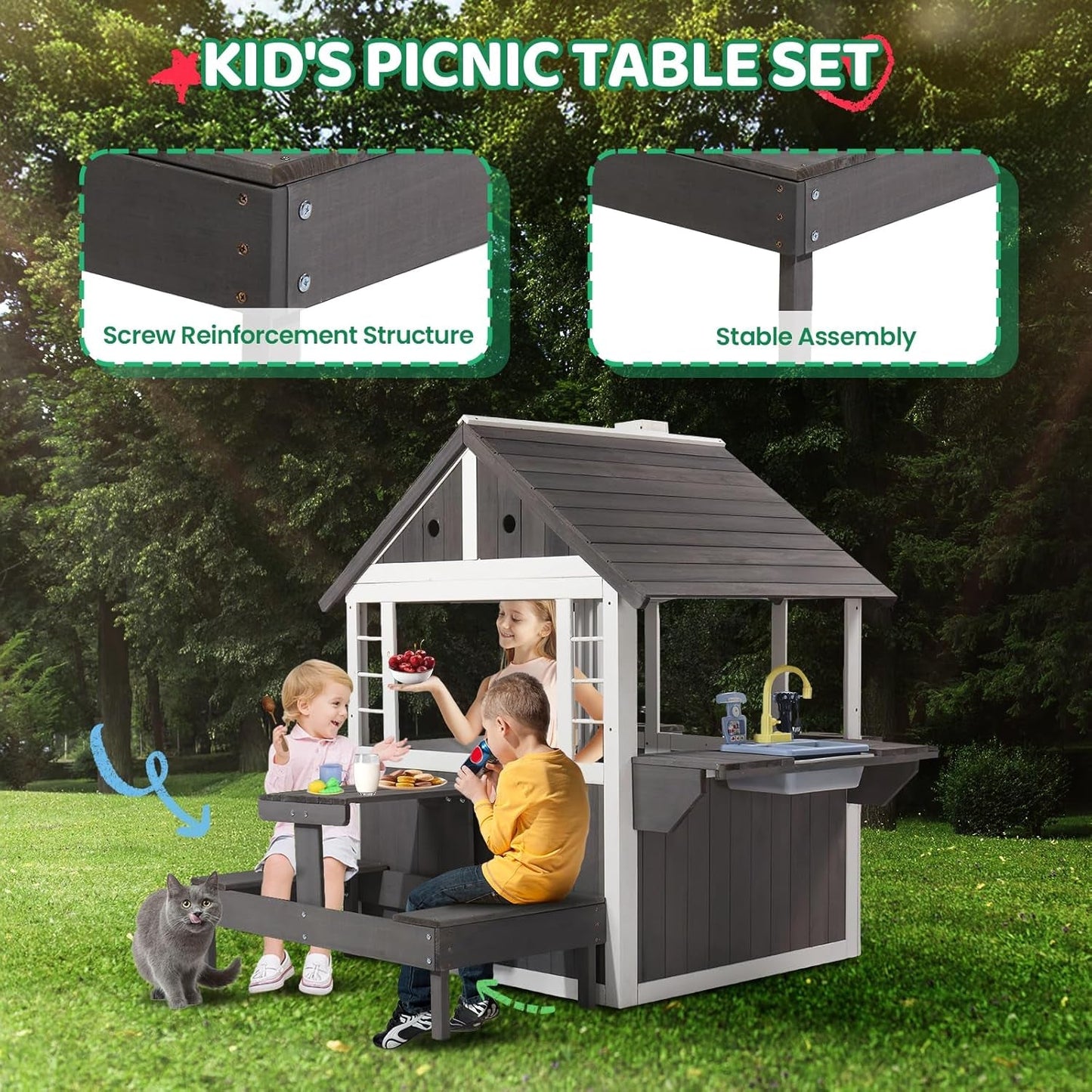 Wooden Outdoor Playhouse Gray White Integrated Sink