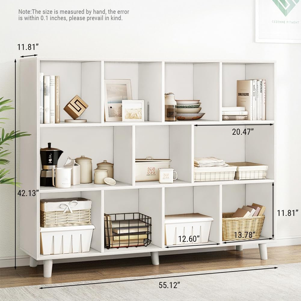 Open Cube Low Bookcase 3 Tier Freestanding White Bookshelf