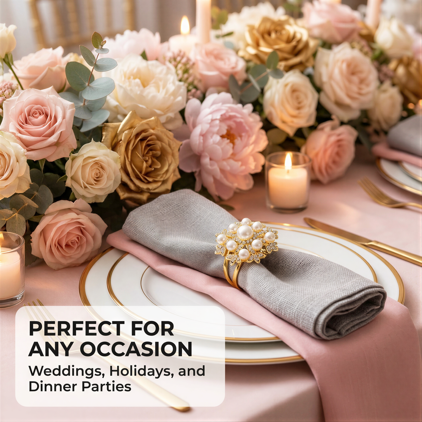 Gold Floral Napkin Rings – Elegant Pearl Design, Durable Rust Resistant Table Setting