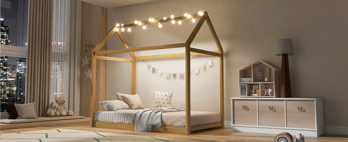Twin Size Wooden House Bed, Wood Color