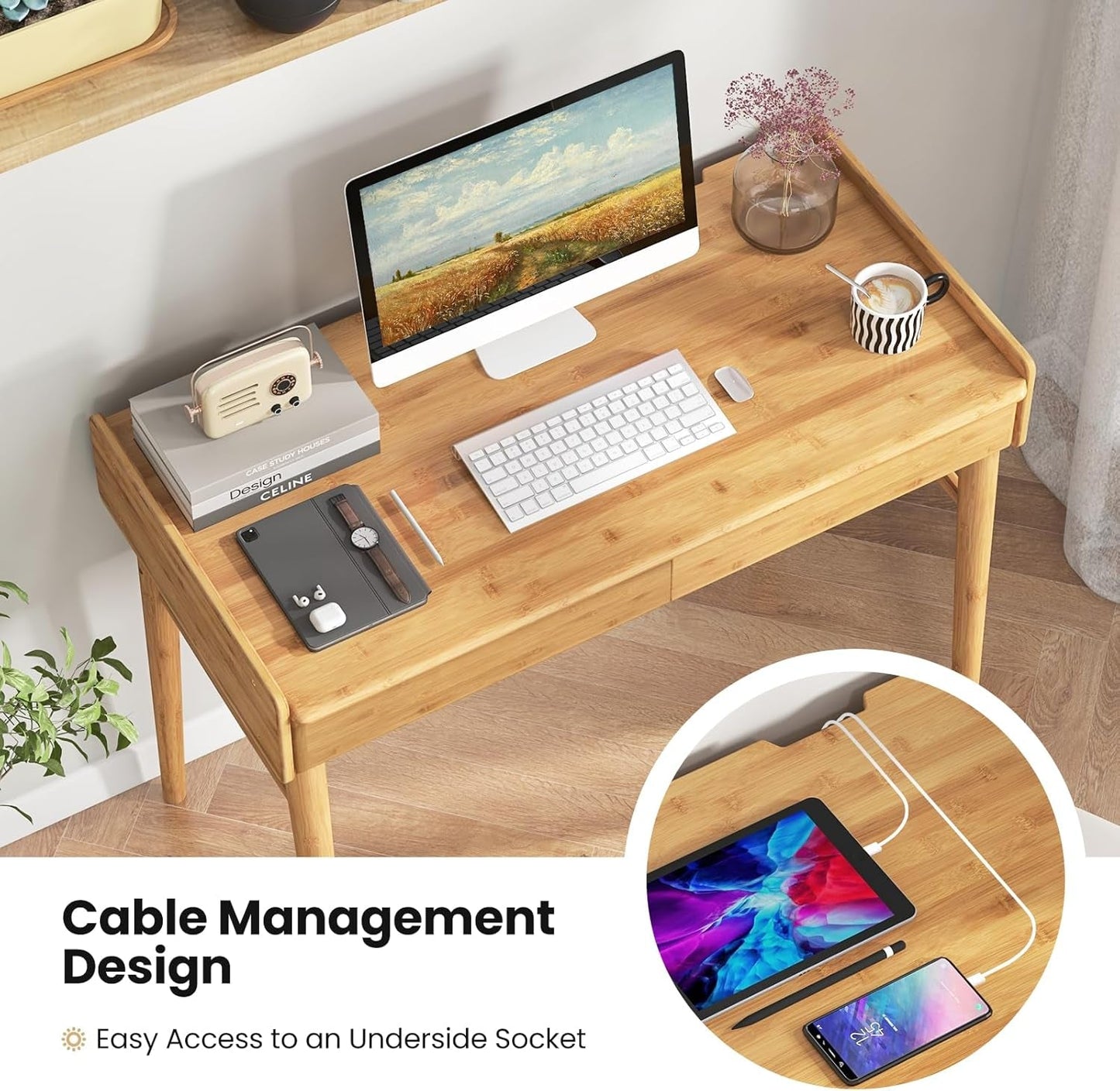 Bamboo Computer Desk with Drawers and Open Shelf