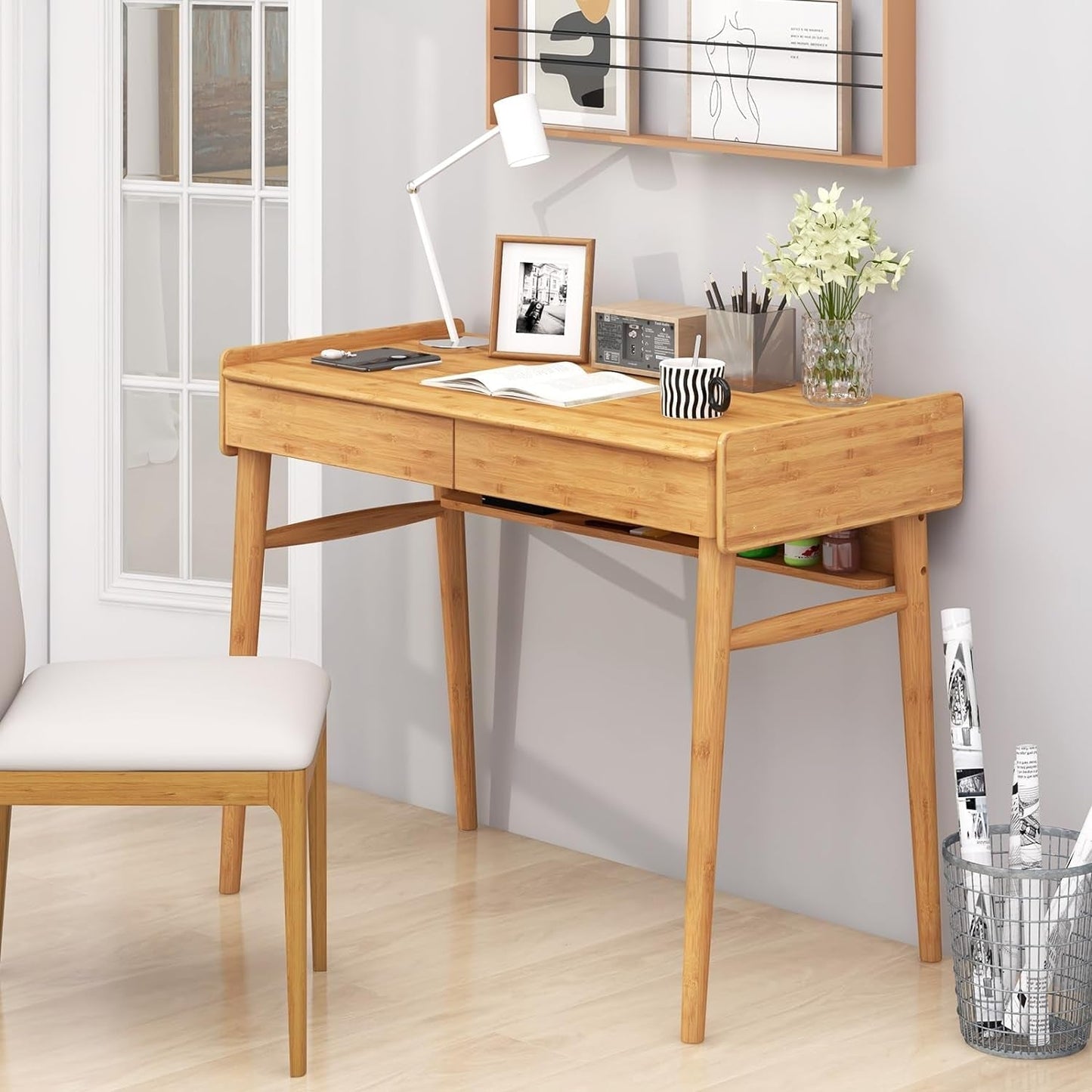 Bamboo Computer Desk with Drawers and Open Shelf