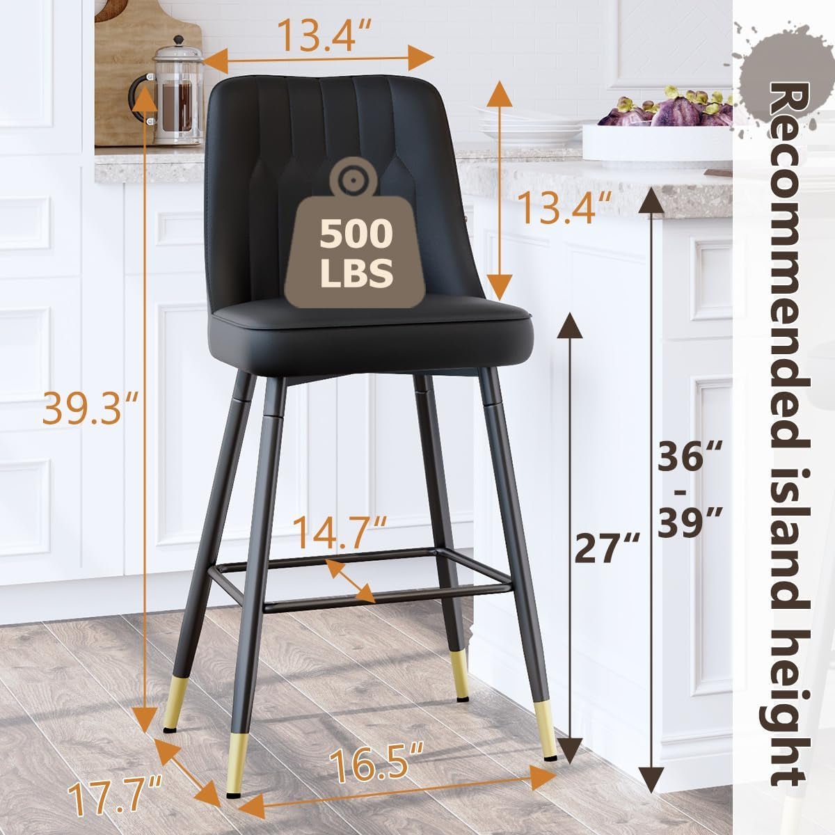 27 Inch Black Counter Height Bar Stool Set With Back Faux Leather