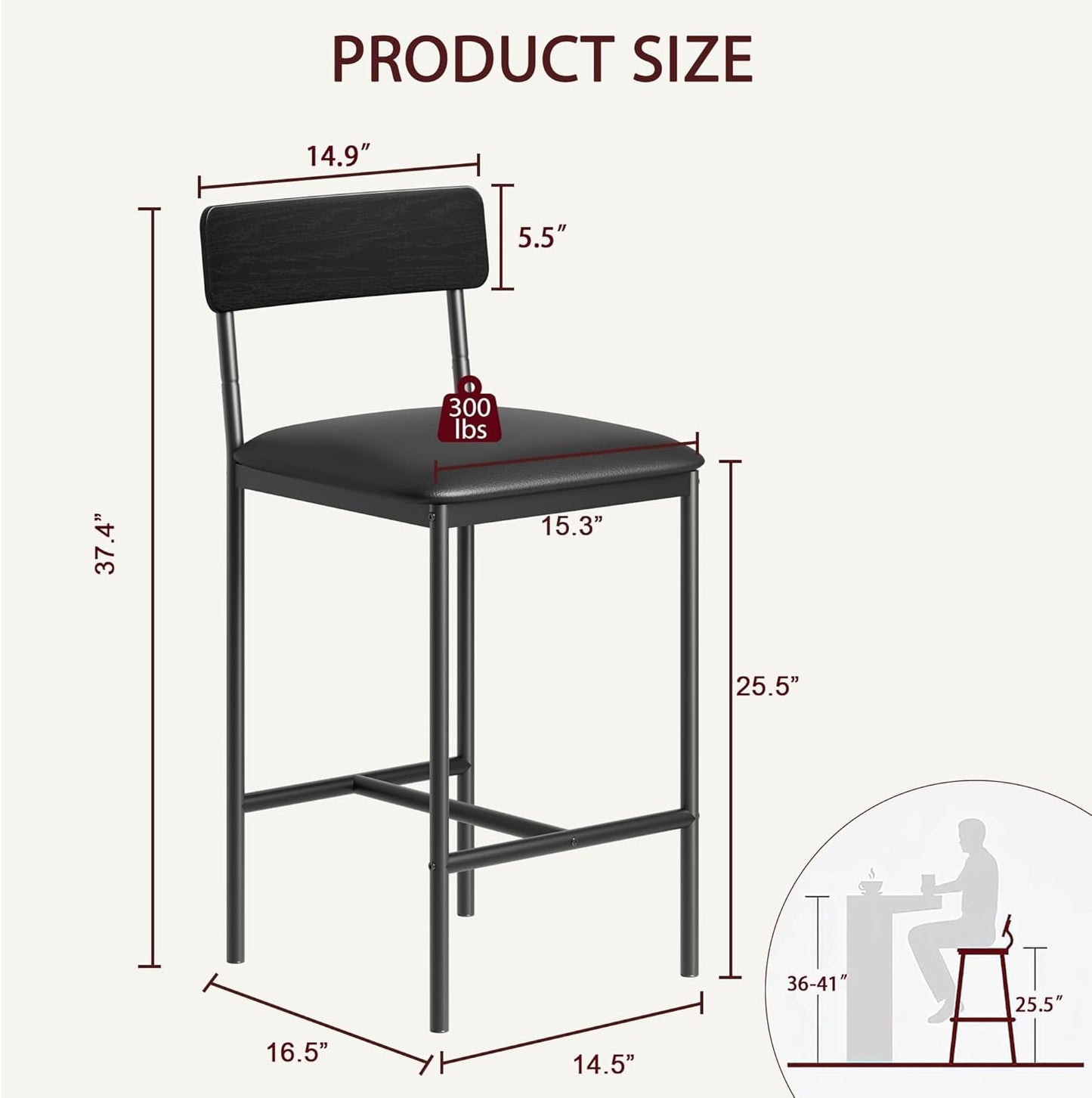 Bar Stools Four Pack With Back 25.5 Inch Rustic Black