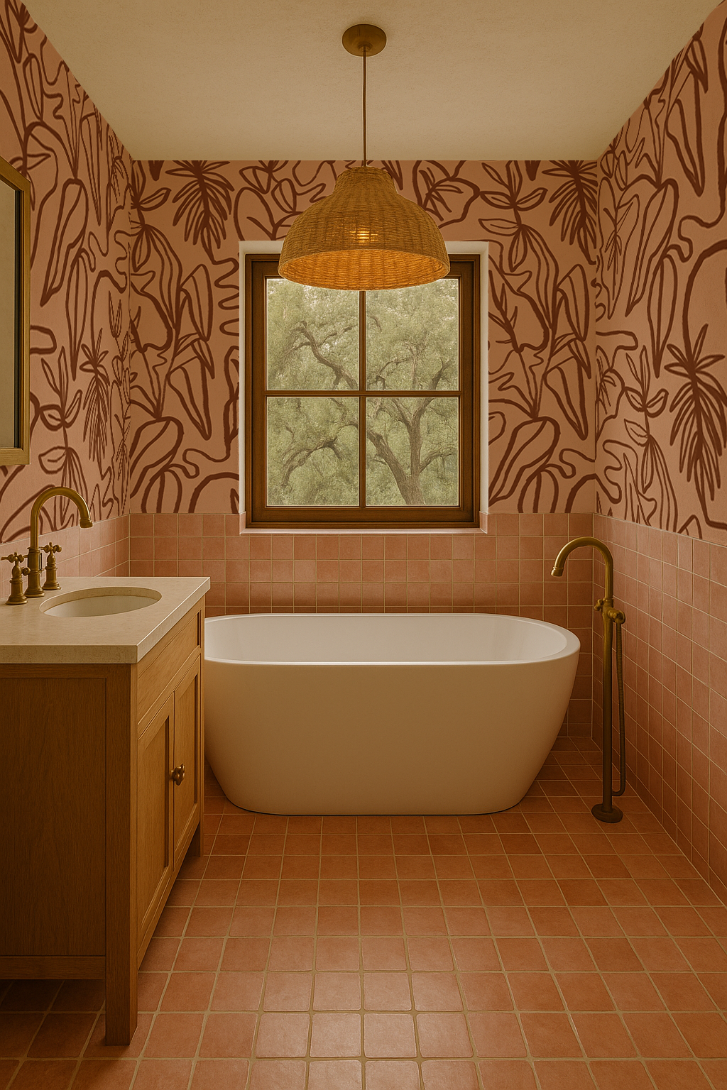 Inked Foliage Wallpaper, peach and rust