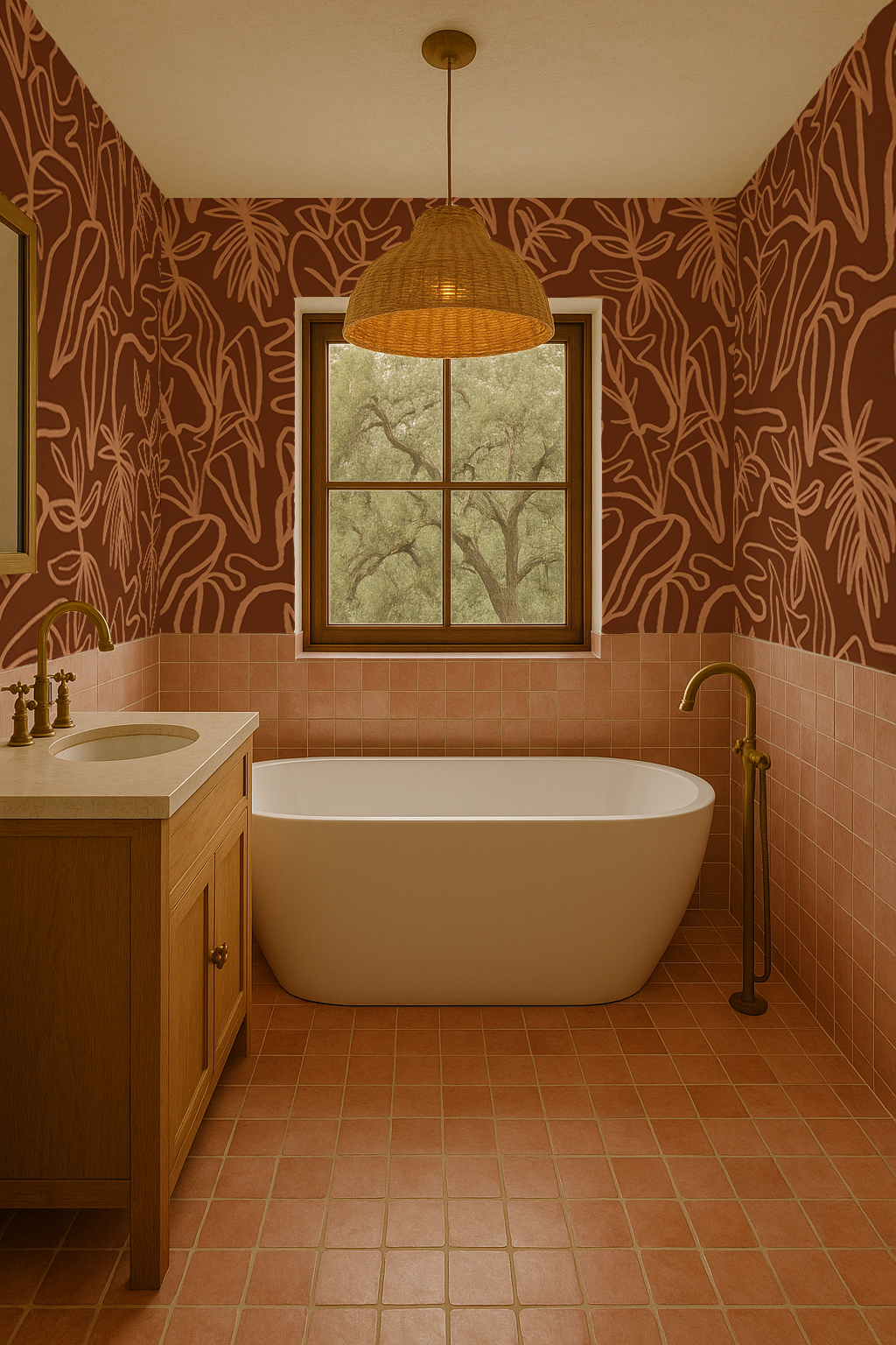 Inked Foliage Wallpaper, rust and peach