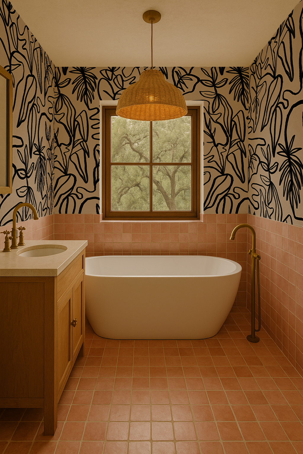 Inked Foliage Wallpaper, tan and black