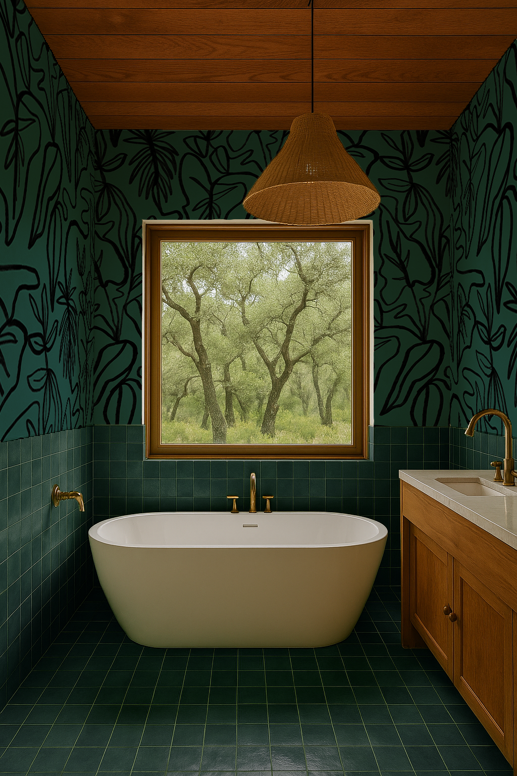 Inked Foliage Wallpaper, teal and black