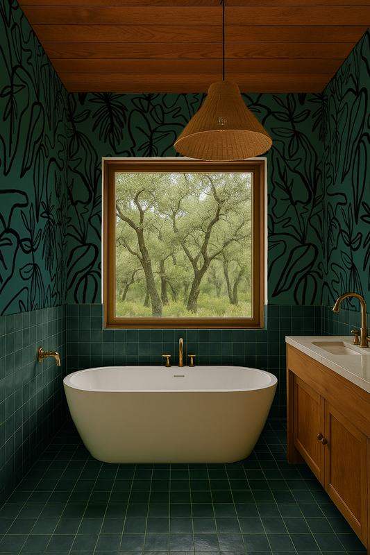 Inked Foliage Wallpaper, teal and black
