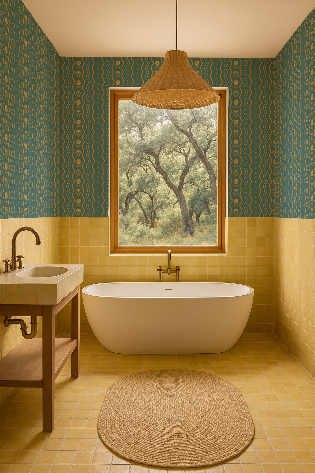 Posy Lane Stripe Wallpaper, blue and yellow