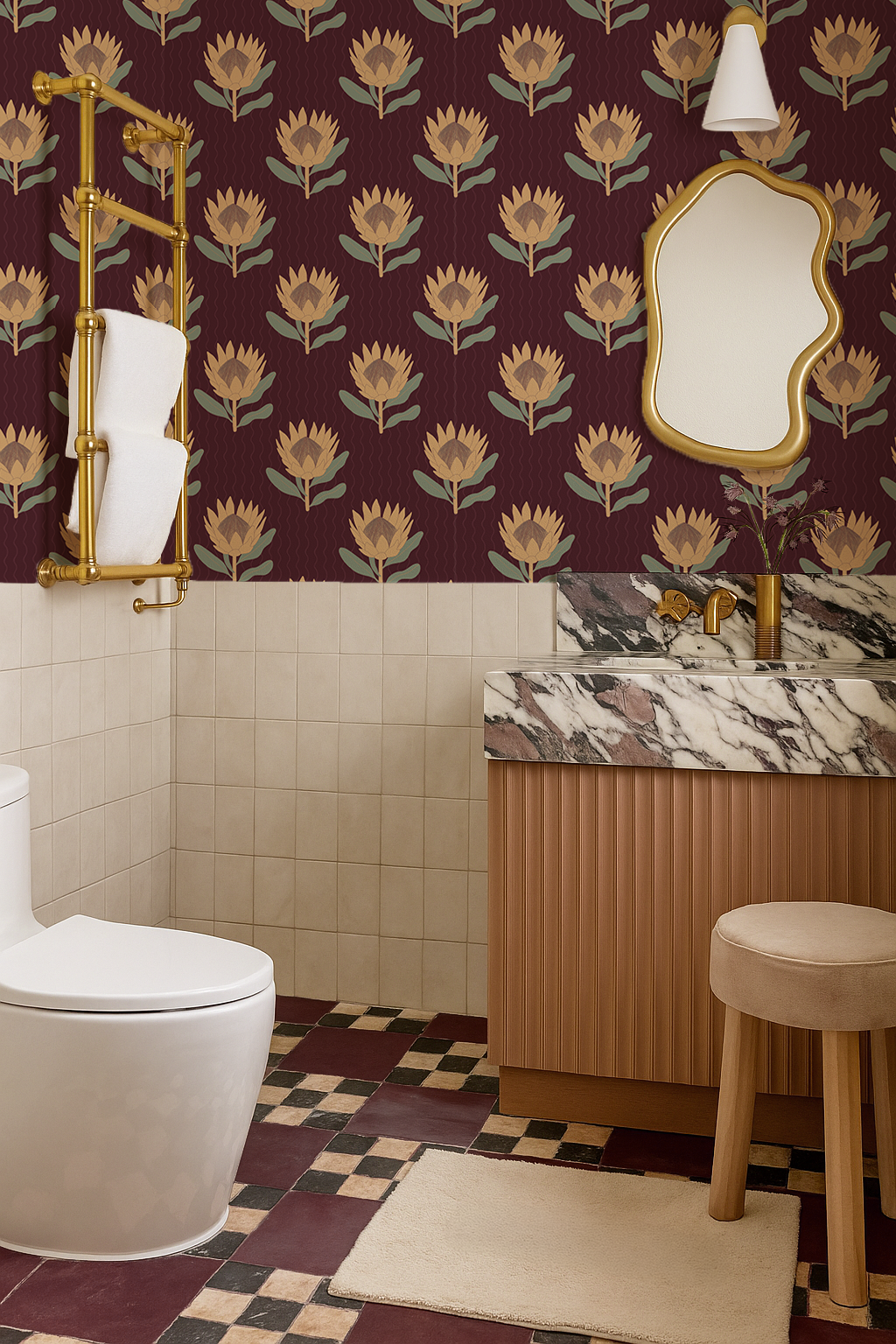 King Protea Wallpaper, dark plum and butter yellow