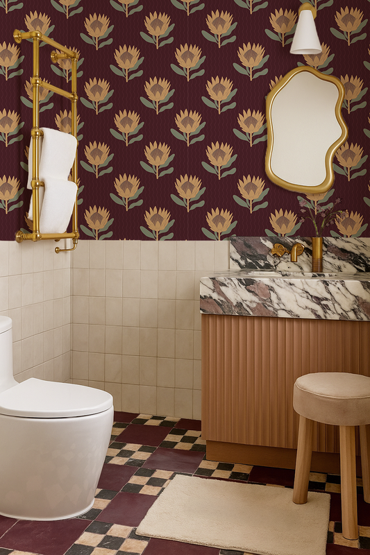 King Protea Wallpaper, dark plum and butter yellow