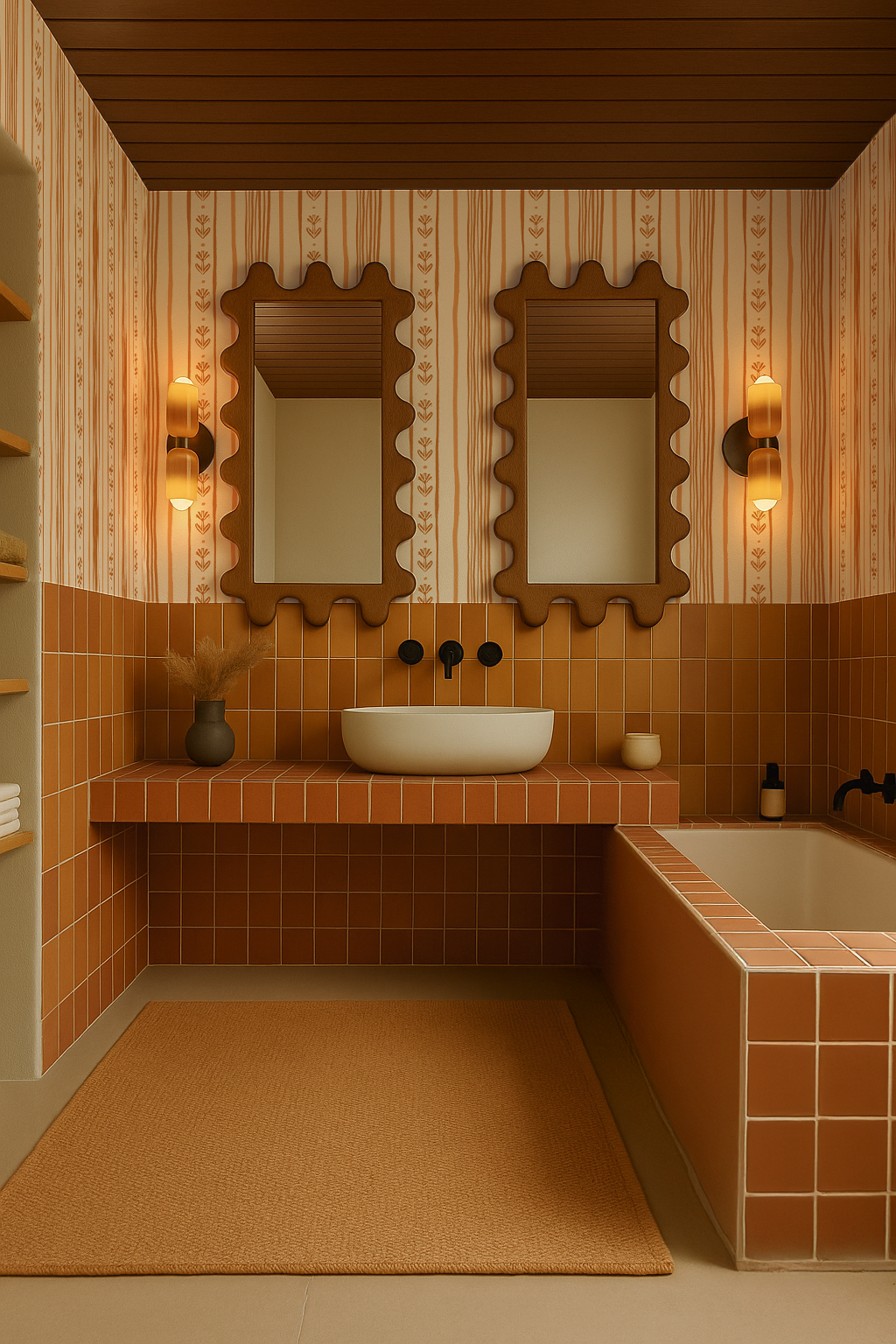 Daisy Chain Stripe Wallpaper, beige, apricot and orange