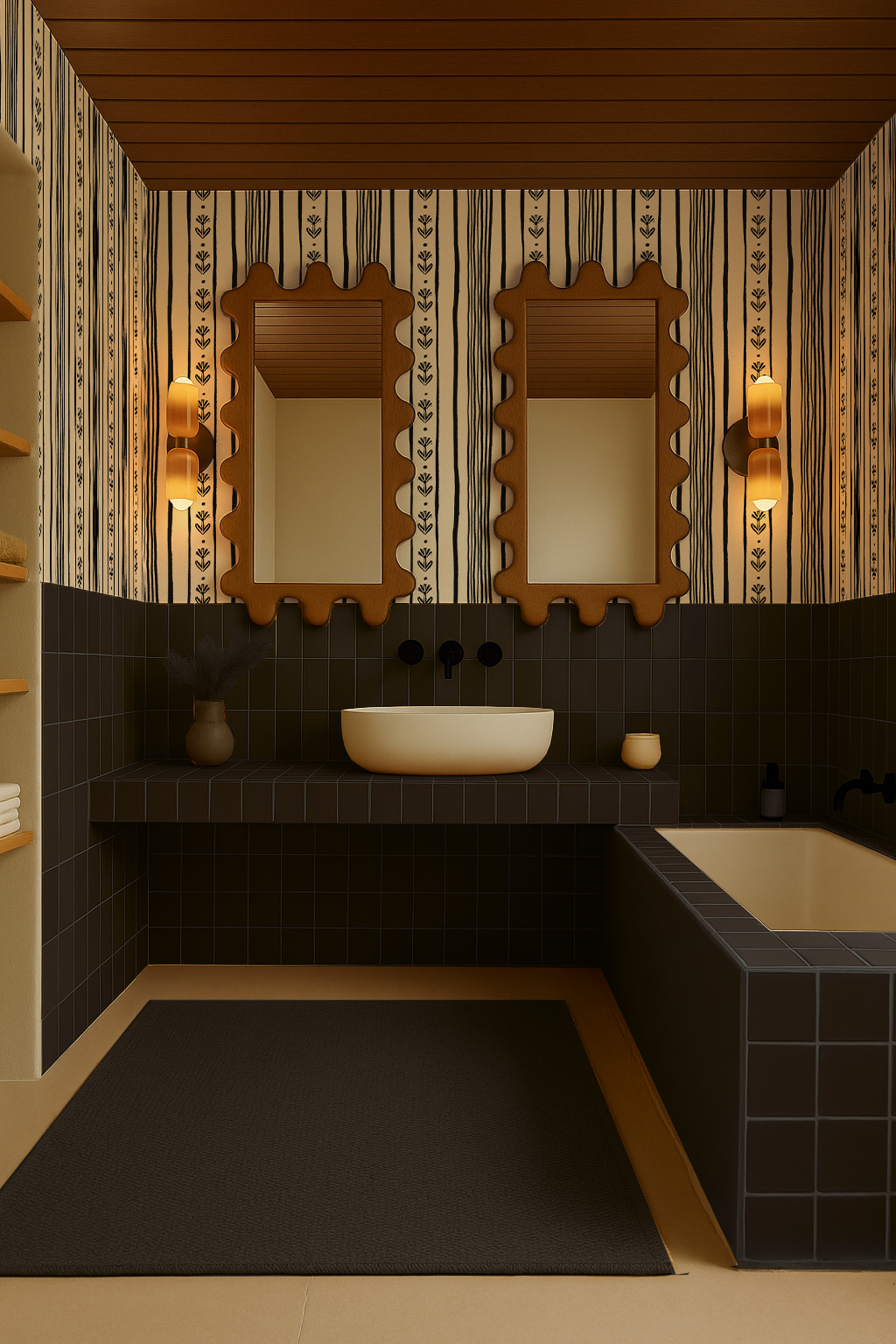 Daisy Chain Stripe Wallpaper, beige and black