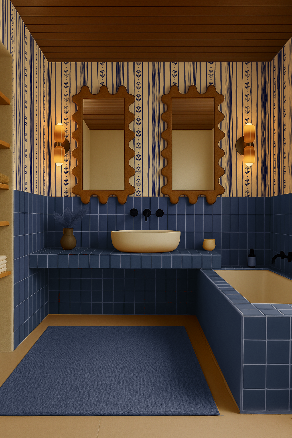 Daisy Chain Stripe Wallpaper, beige and blue