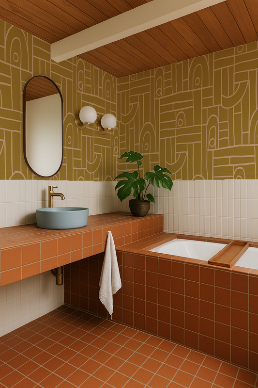 Deco Tile Wallpaper, mustard & peach
