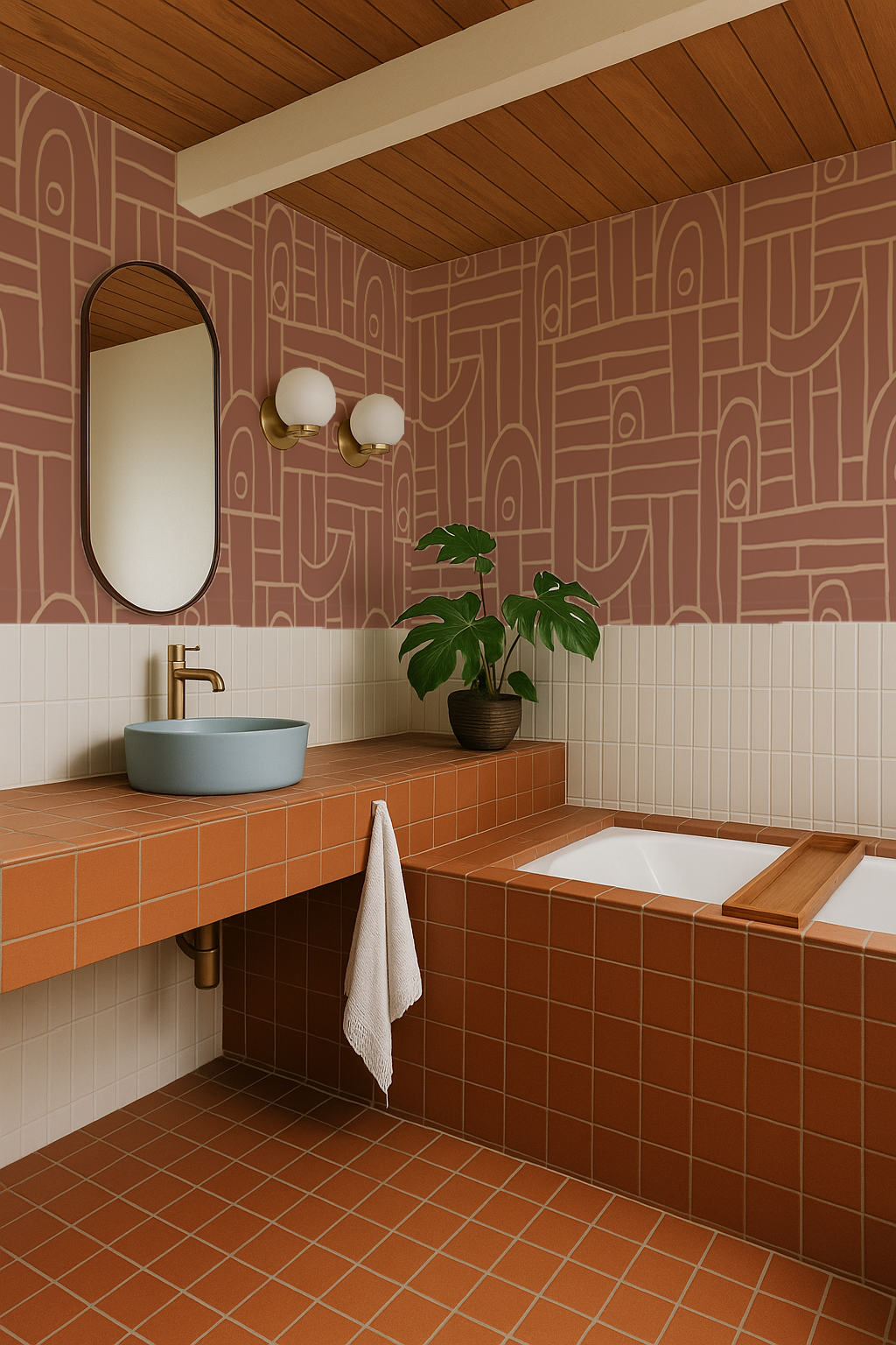 Deco Tile Wallpaper, terra cotta and peach