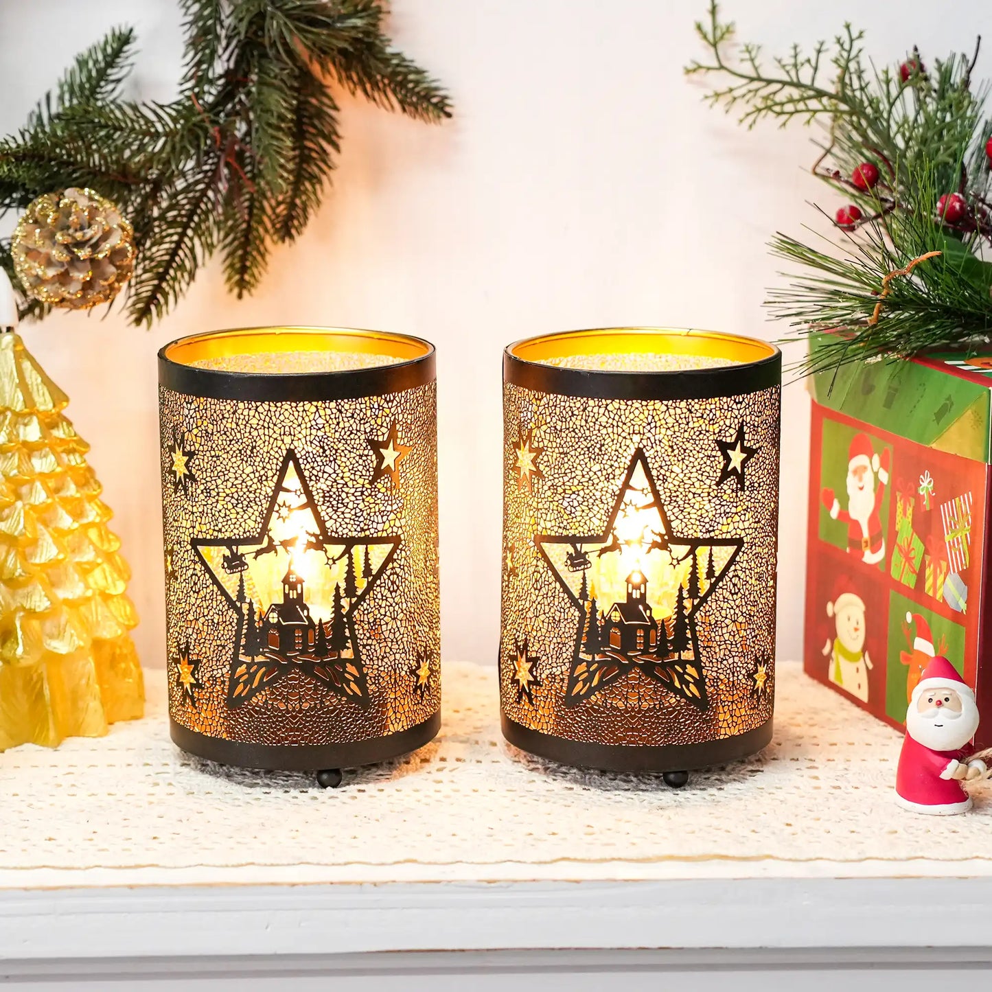 6.5" H Etched Metal Table Lamp Christmas Battery Operated Lamp