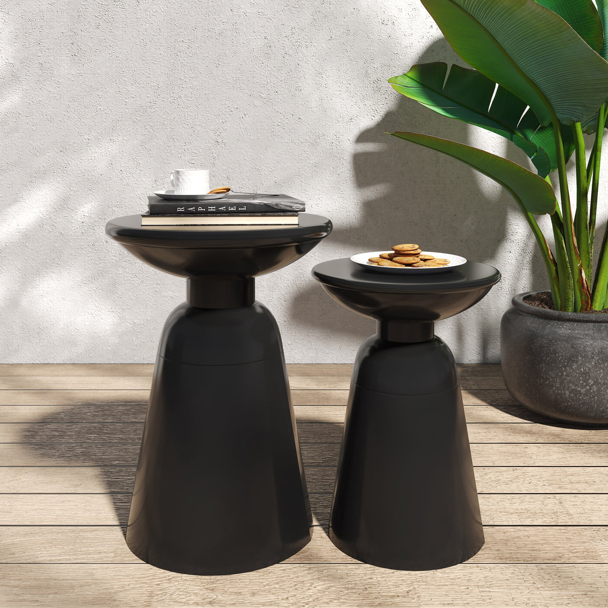Serenita Outdoor Iron Side Tables with Flared Design, Set of 2